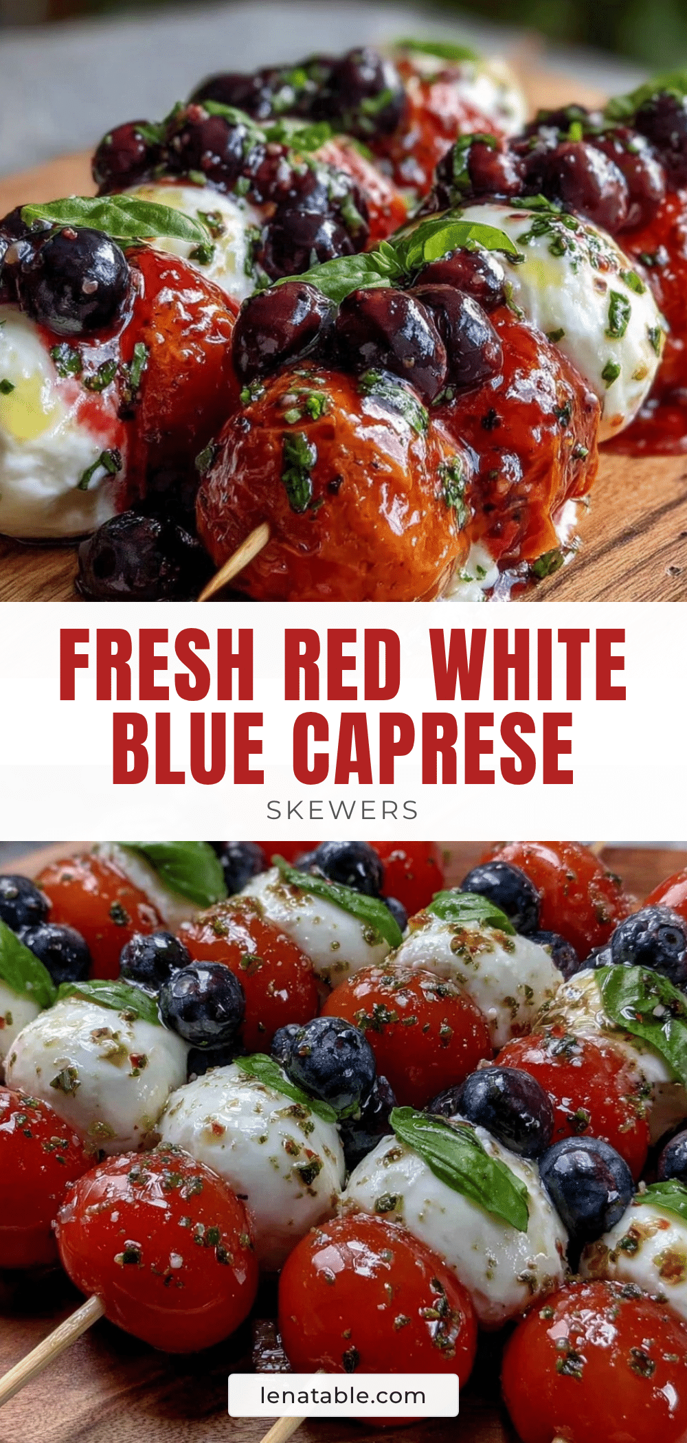 Fresh Red White and Blue Caprese Skewers with Burrata recipe